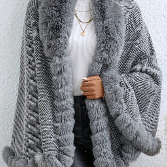 Grey Casual Womens Fuzzy Trim Cape Cardigan - Picture 5 of 5